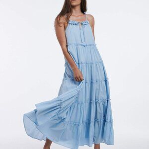 Charlie Holiday Sky Blue Tiered Maxi Senorita Shoulder Tie Dress, Small 100% Cot
